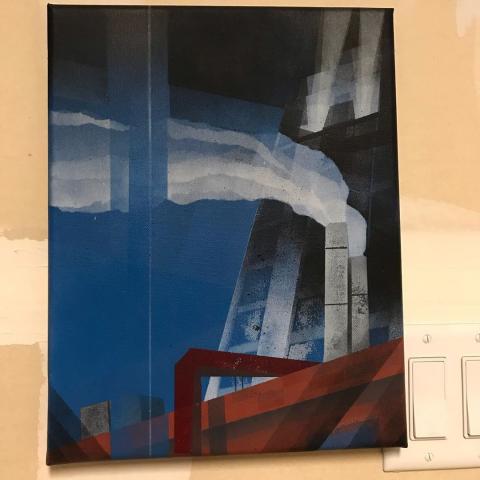 Spray paint painting of the 1600 Glenarm tower over the top of the Kittredge Building in Denver