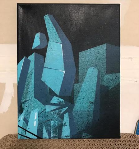 Spray paint painting of abstract architectural forms