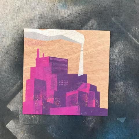 Small spray paint painting of a factory
