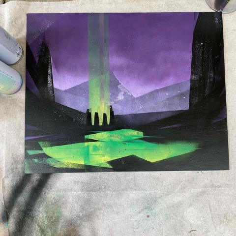 Spray paint on canvas painting of standing stones