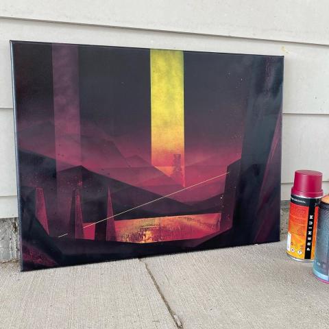 Spray paint on canvas painting of a fictional landscape