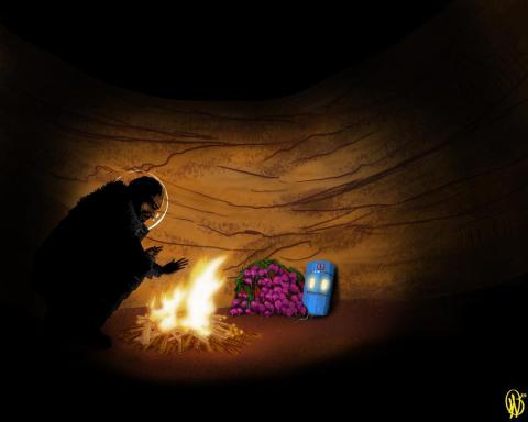 Man with Robot in Beet Cavern digital painting