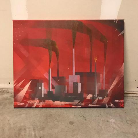 Spray paint on canvas painting of an oil refinery