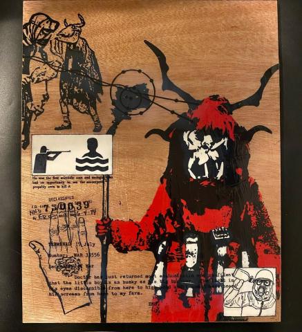 Mixed media on board painting depicting a krampus overlain by technical drawings