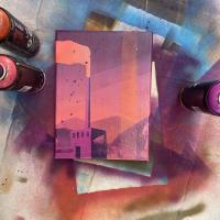 Spray paint on canvas painting of a factory