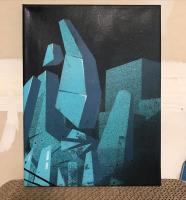 Spray paint painting of abstract architectural forms