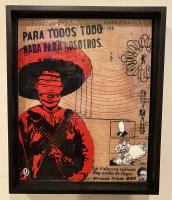 Mixed media painting on board depicting a zapatista soldier overlain by other drawings