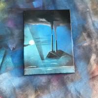 Spray paint on canvas painting of a submerged factory