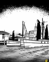 Shadow figures in boats around wharf digital drawing