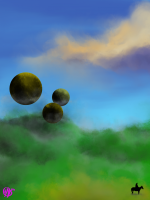 digital painting of "Man on Horse and Spheres in Distance"