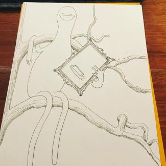 In progress drawing of figure in tree holding portrait of butter